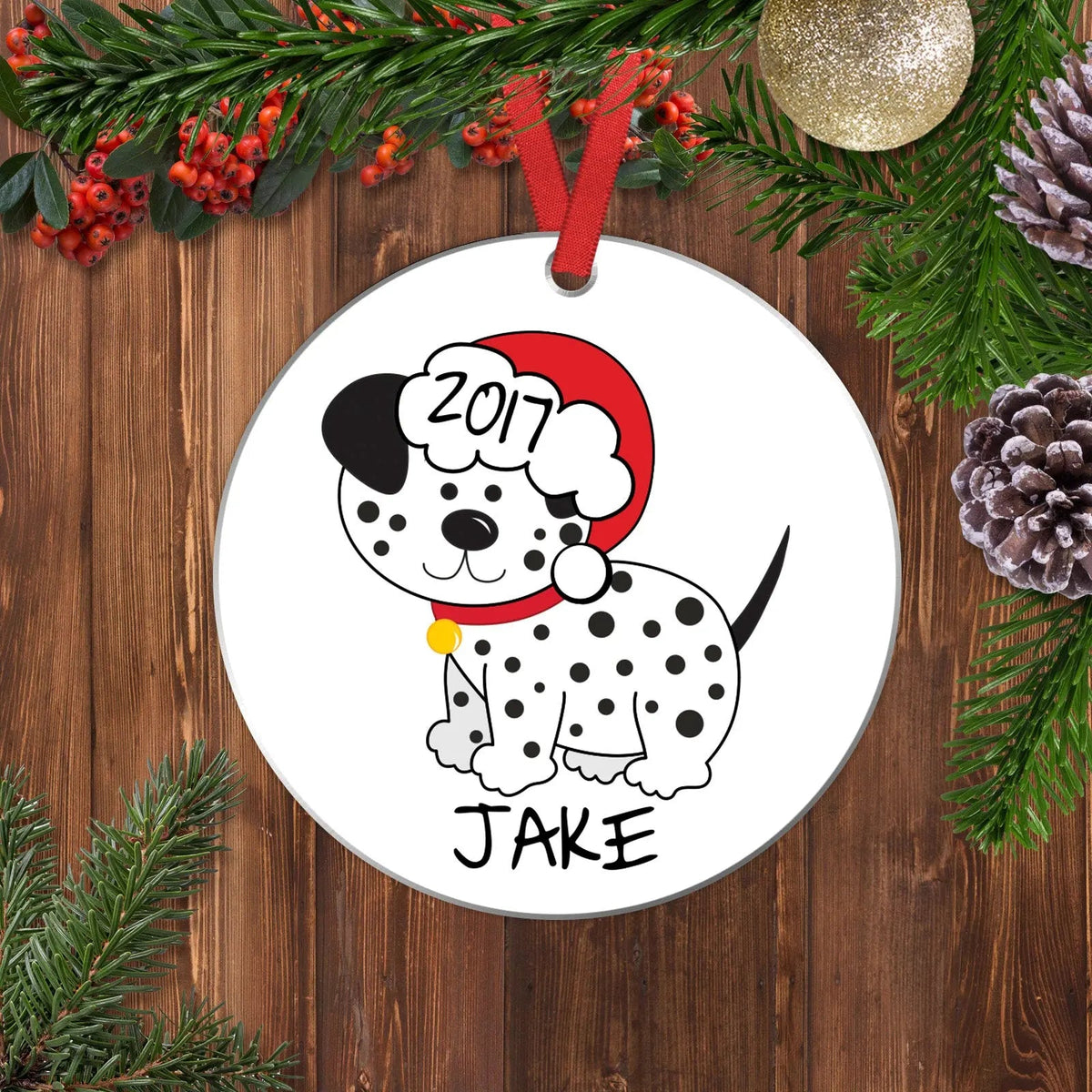 Personalized dog Christmas ornament, dalmatian with red hat, year 2017, name Jake