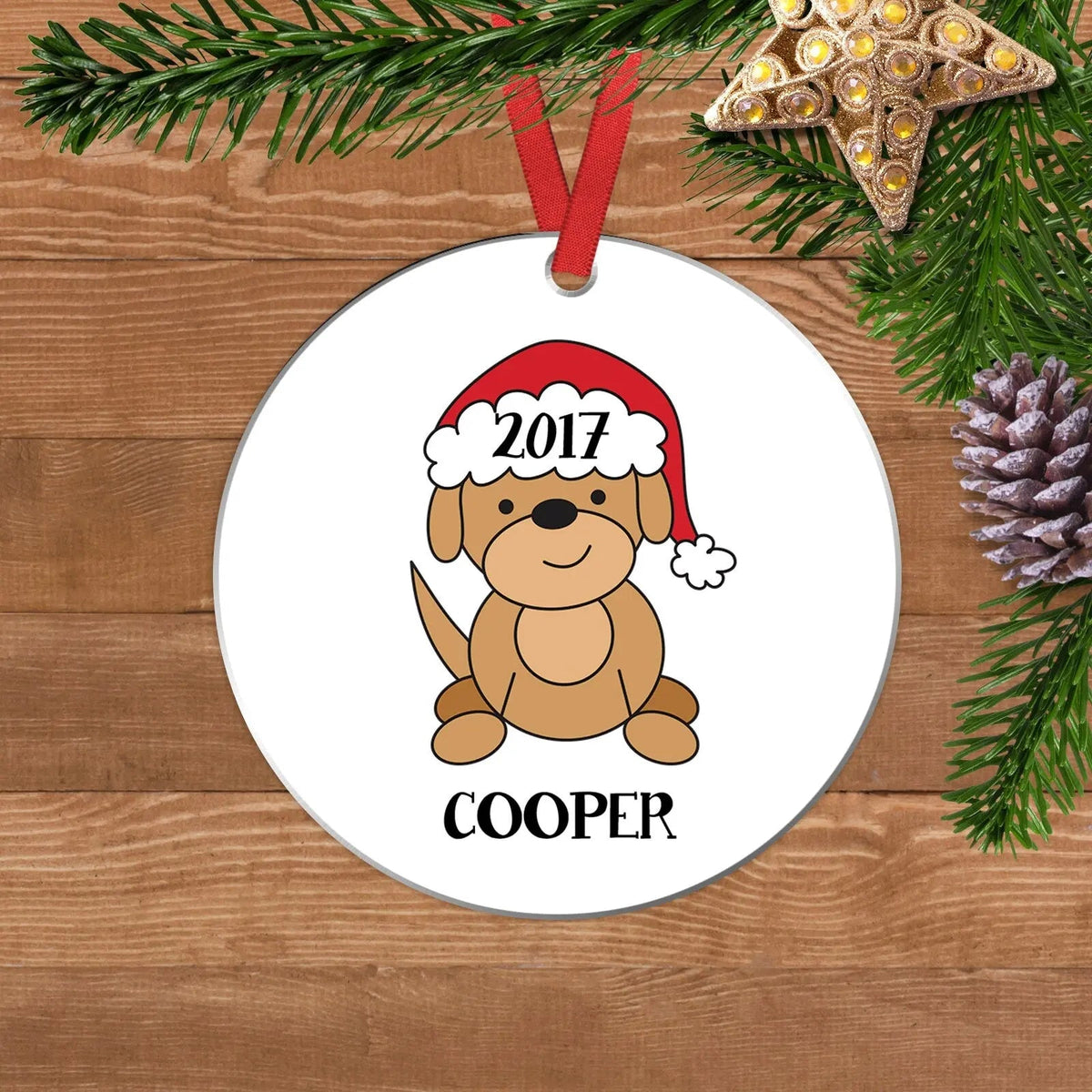 Personalized dog Christmas ornament, brown dog with red hat, year 2017, name Cooper