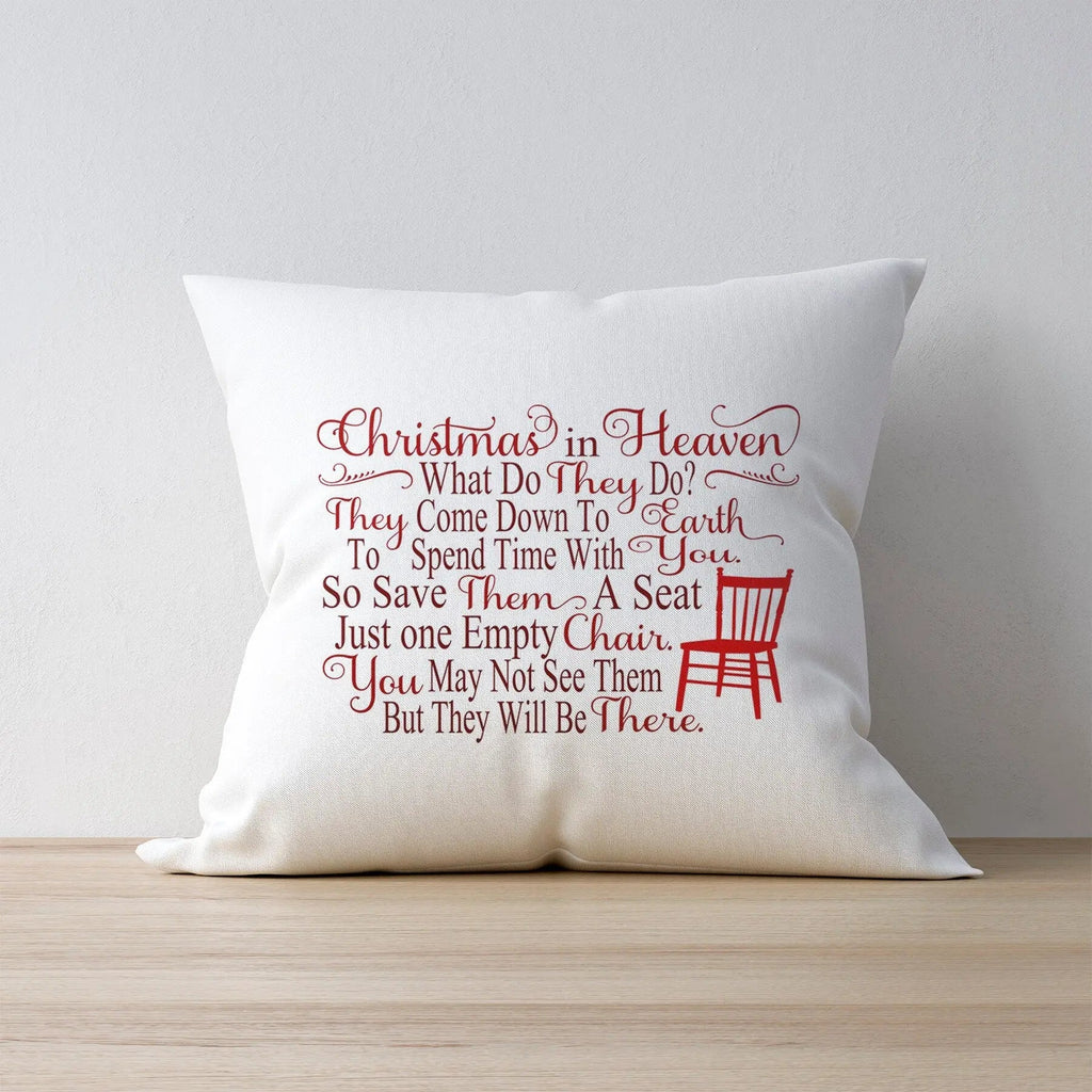 White memorial Christmas pillow cover with red “Christmas in Heaven” quote text
