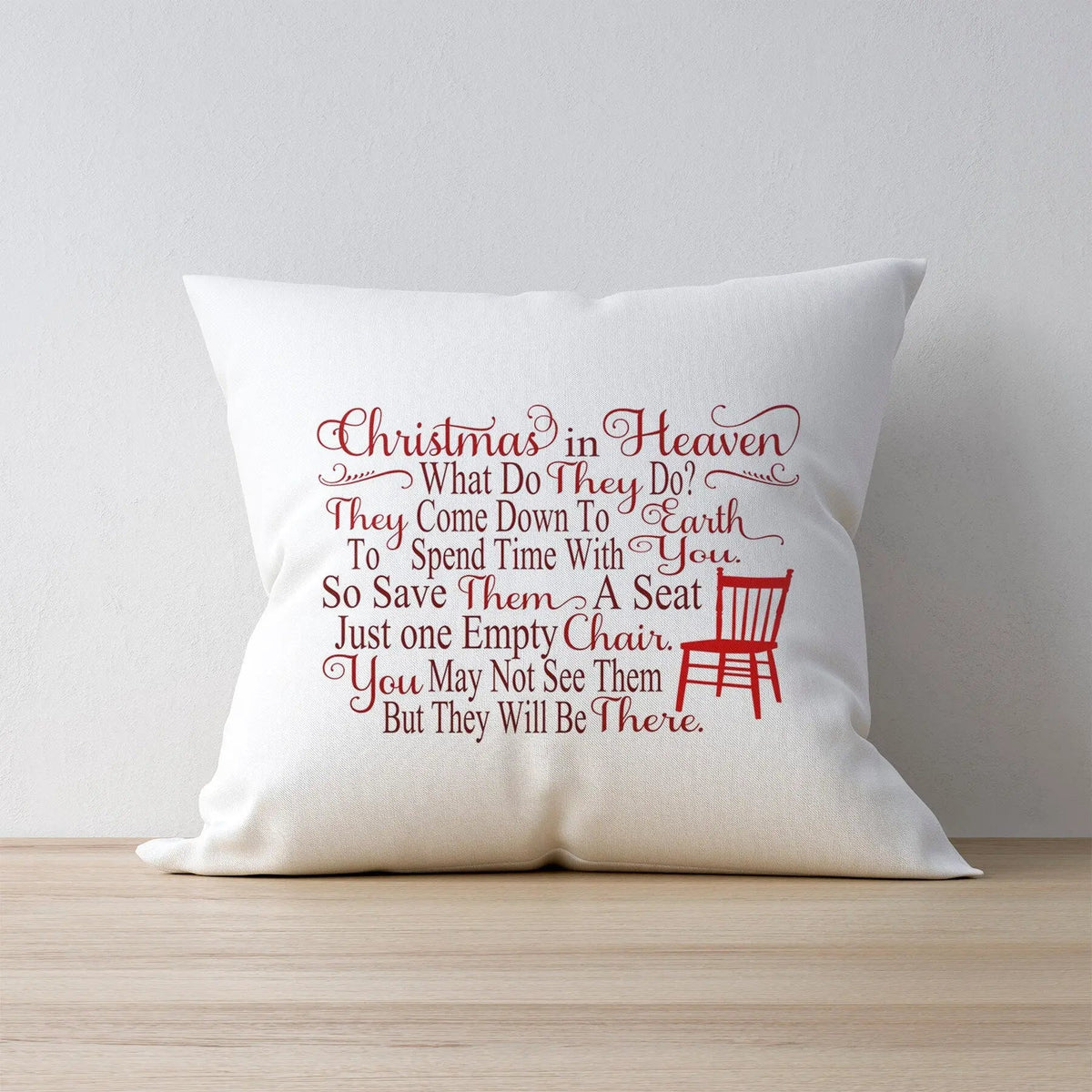 White memorial Christmas pillow cover with red “Christmas in Heaven” quote text