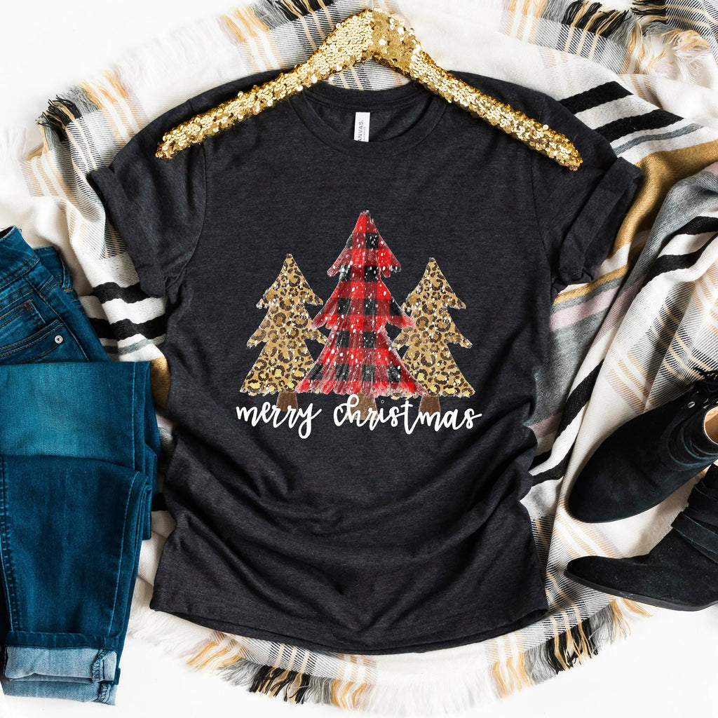 Black unisex t-shirt with cheetah Christmas tree graphic and 'merry christmas' text