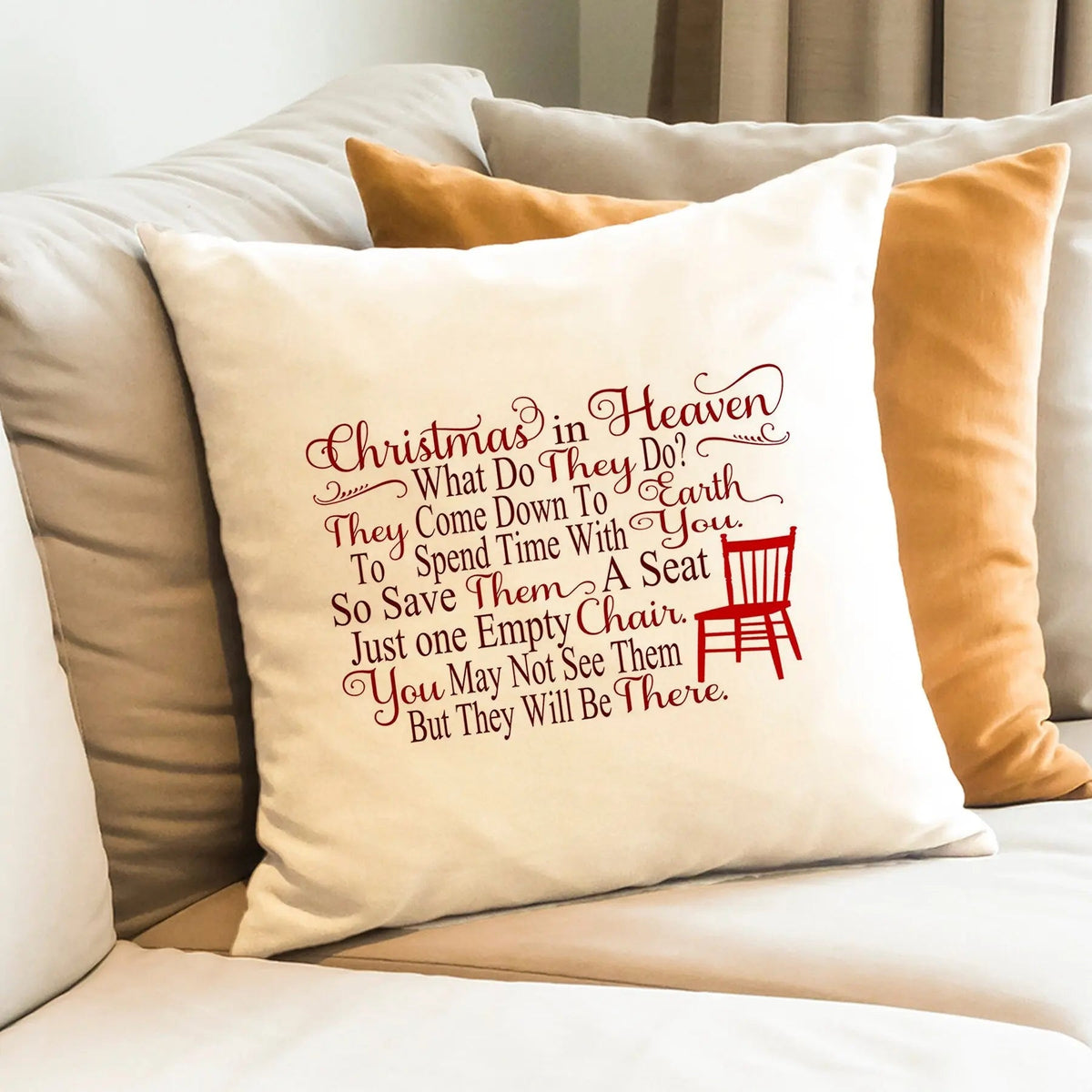 Natural memorial Christmas pillow cover with red “Christmas in Heaven” quote text