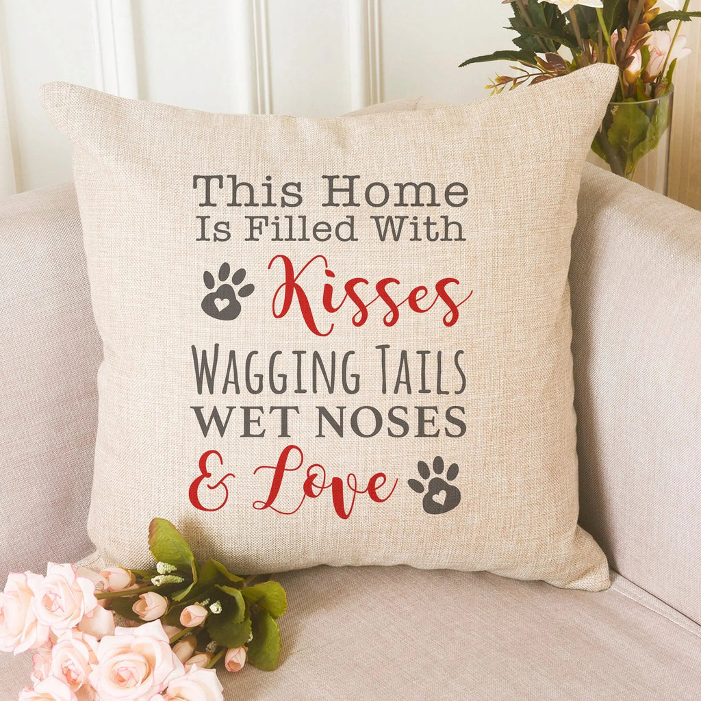 Natural linen-style dog pillow cover with paw-print quote in red and gray