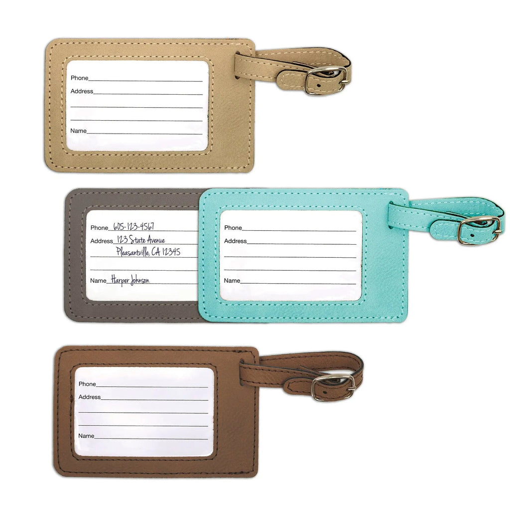 Leather luggage tag set with address windows and metal clasps, mint, gray, tan
