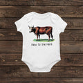 White newborn short-sleeve baby bodysuit with cow graphic and “New to the Herd” text