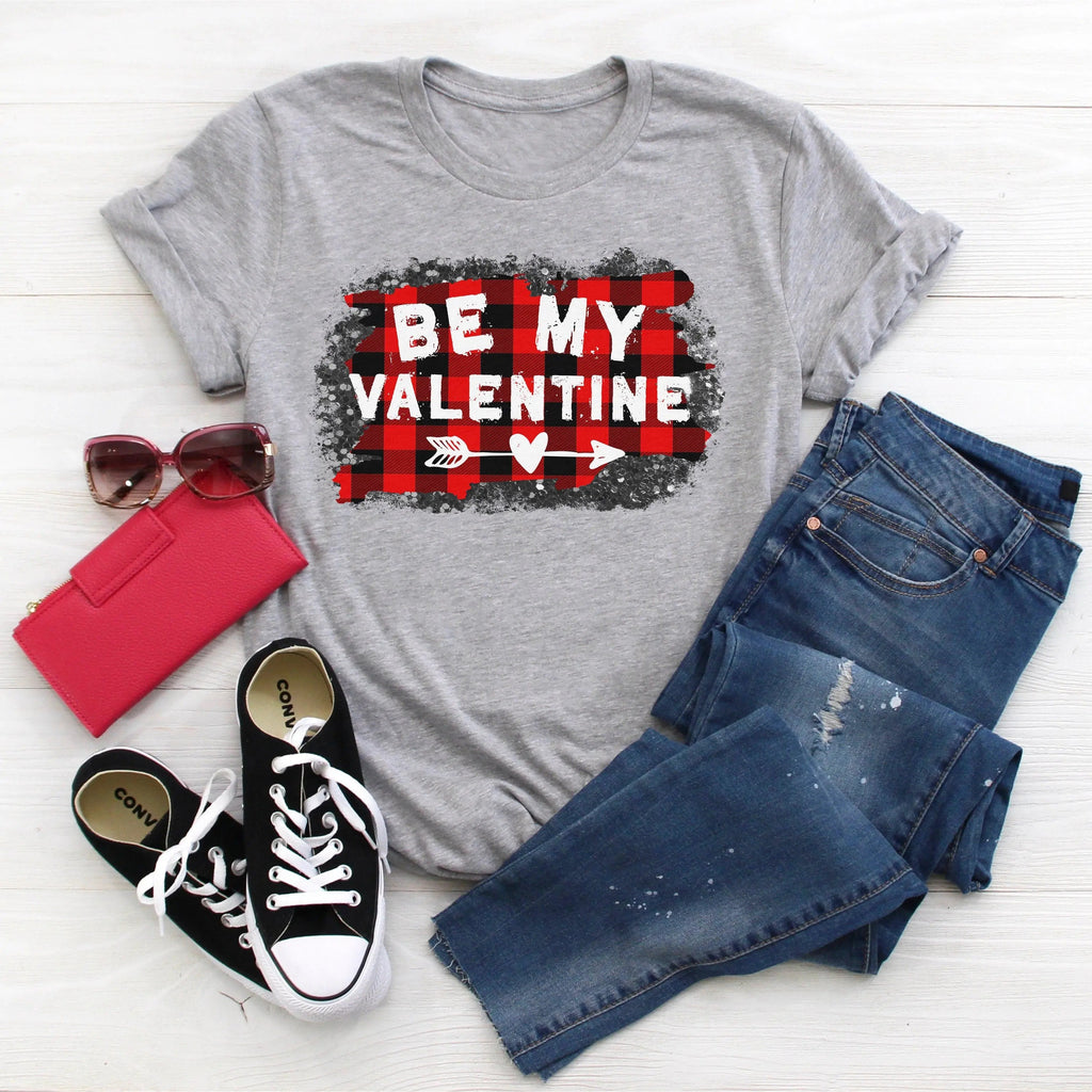 Gray women's graphic T-shirt with red buffalo plaid 'Be My Valentine' heart design
