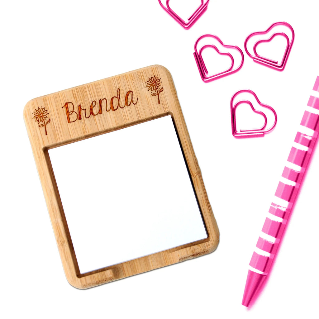 Bamboo sticky note holder with personalized name Brenda and floral accents, empty note frame