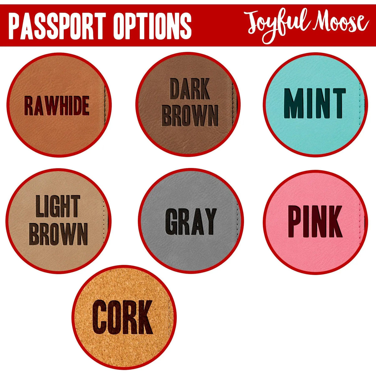 Leather luggage tag color swatches: rawhide, dark brown, mint, light brown, gray, pink