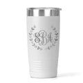 White stainless insulated tumbler with monogram in a leaf wreath