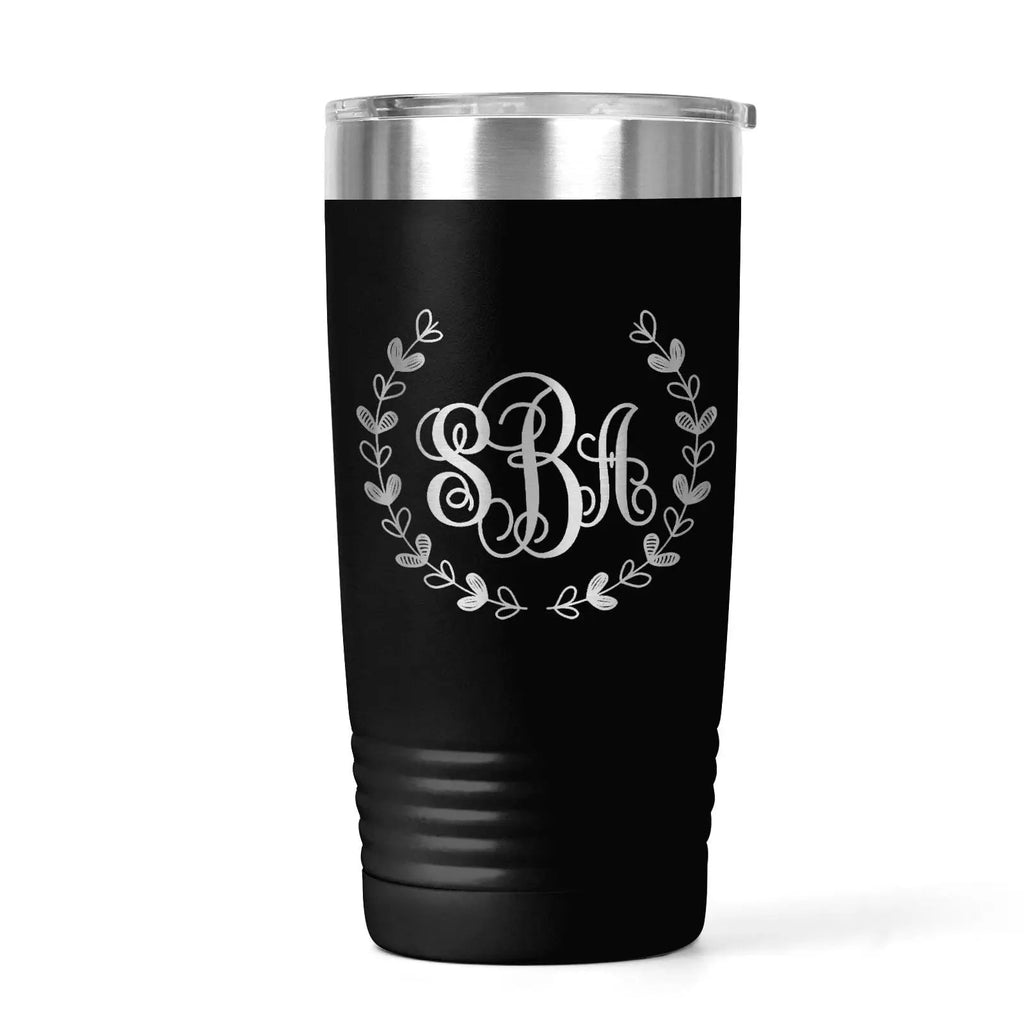Black stainless insulated tumbler with monogram in a leaf wreath