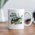 White fishing-themed coffee mug: “I’m a HOOKER on the WEEKEND” with fish graphic