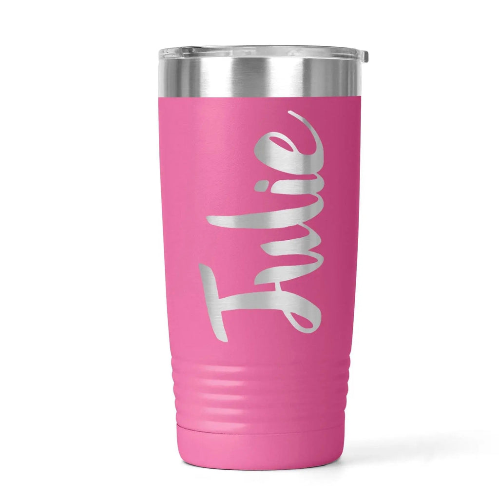 Pink stainless steel insulated travel tumbler with white custom script