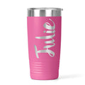 Pink stainless steel insulated travel tumbler with white custom script