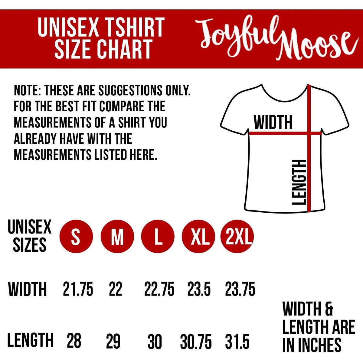 ToyfulMoose unisex T-shirt size chart with width and length in inches