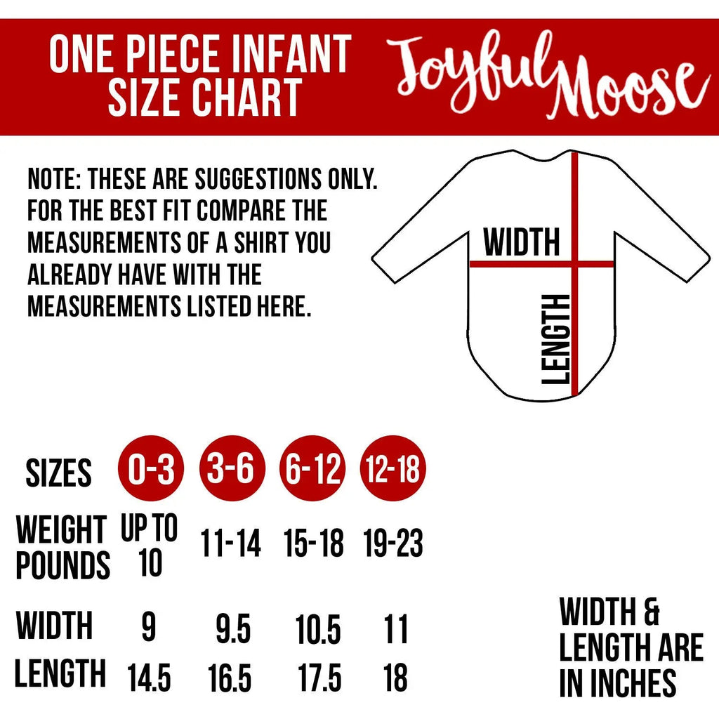 Infant one-piece bodysuit size chart with size and weight measurements