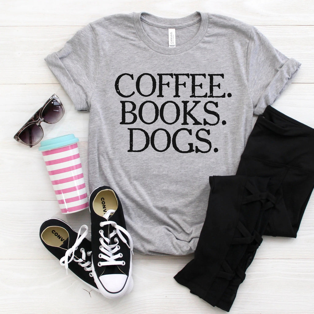 Gray unisex dog tee with “COFFEE. BOOKS. DOGS.” graphic on the front