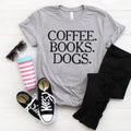 Gray unisex dog tee with “COFFEE. BOOKS. DOGS.” graphic on the front