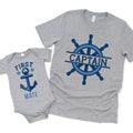 Gray toddler captain T-shirt with blue ship wheel and Captain text