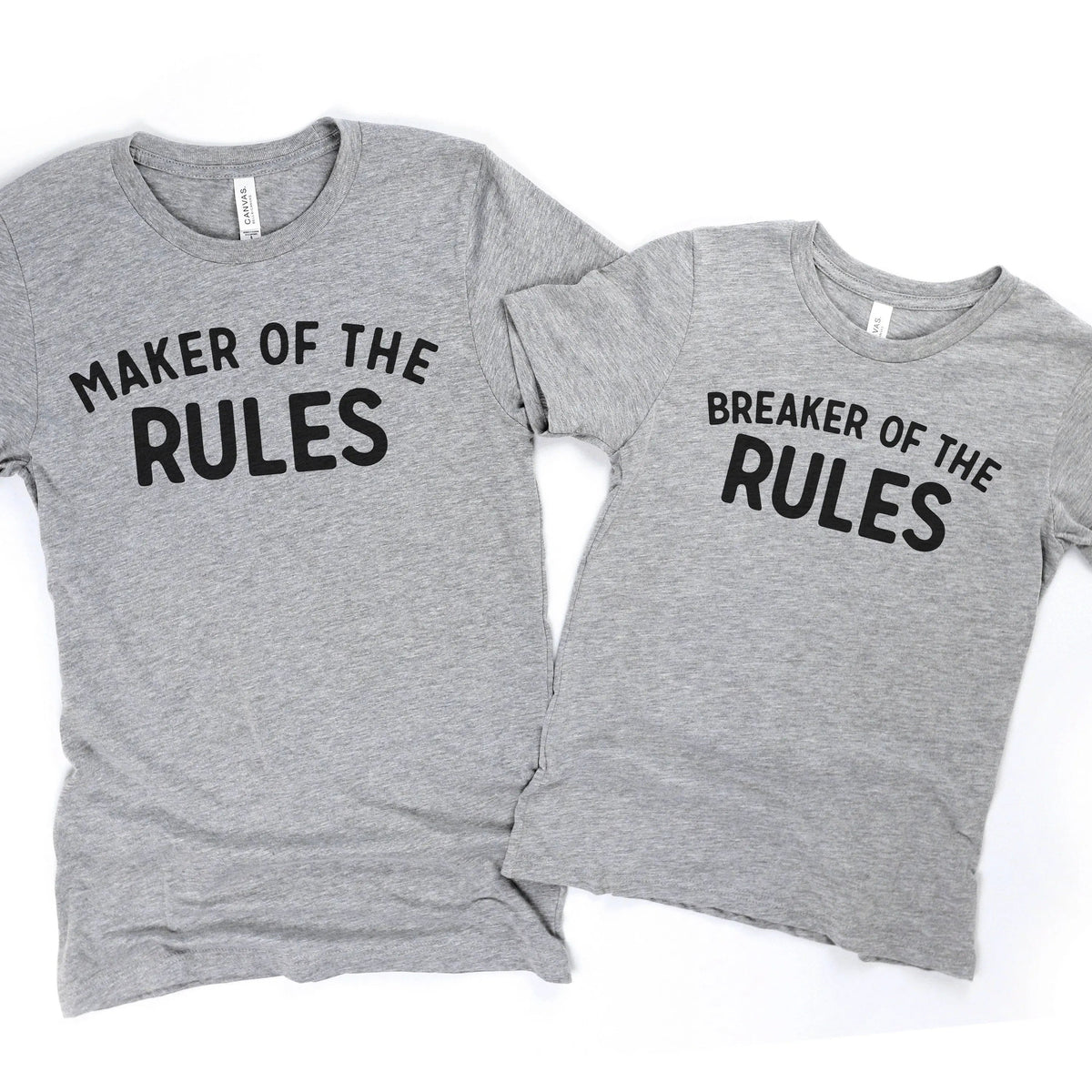 Gray T-shirts with 'Maker of the Rules' and 'Breaker of the Rules' text