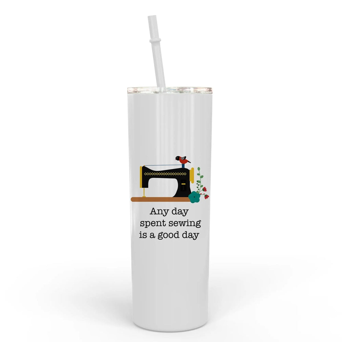 White skinny travel tumbler with clear lid and straw, sewing machine graphic