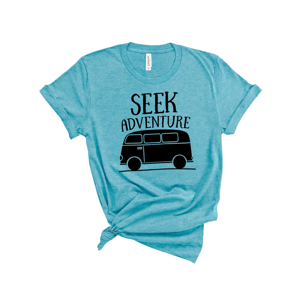 Aqua unisex T-shirt with “SEEK ADVENTURE” van graphic on the front
