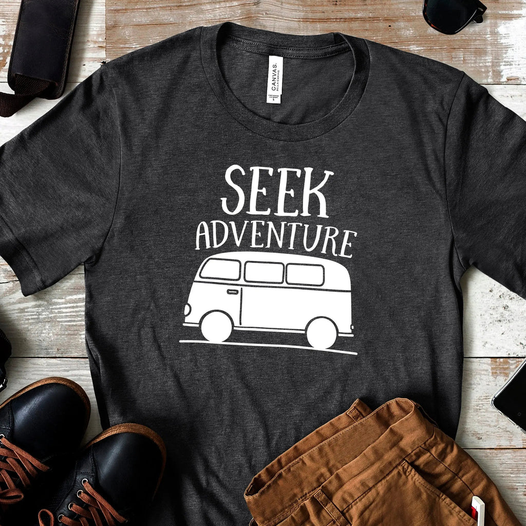 Dark gray unisex T-shirt with “SEEK ADVENTURE” van graphic on the front