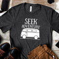 Dark gray unisex T-shirt with “SEEK ADVENTURE” van graphic on the front