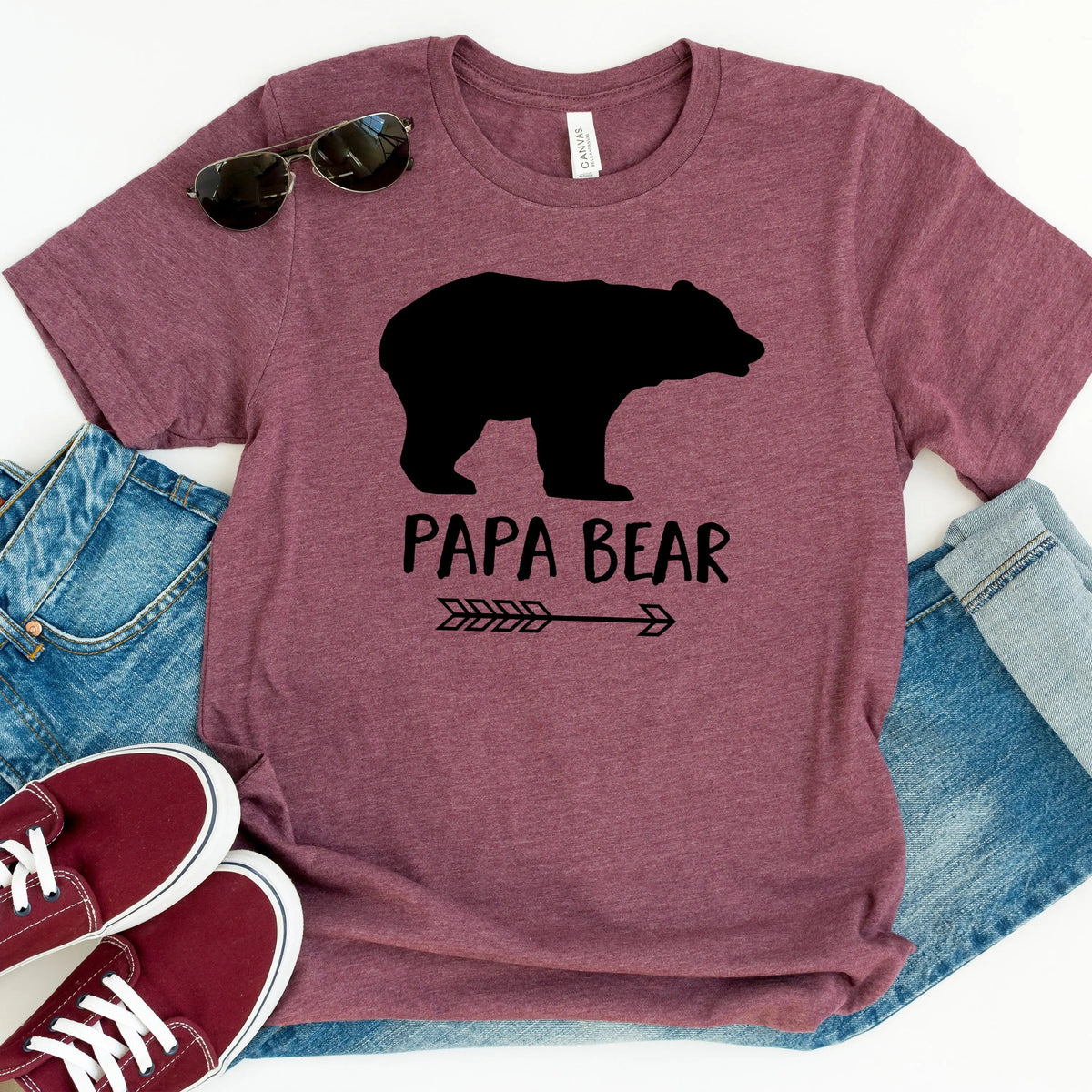 Maroon men's t-shirt with black bear silhouette and 'Papa Bear' front graphic