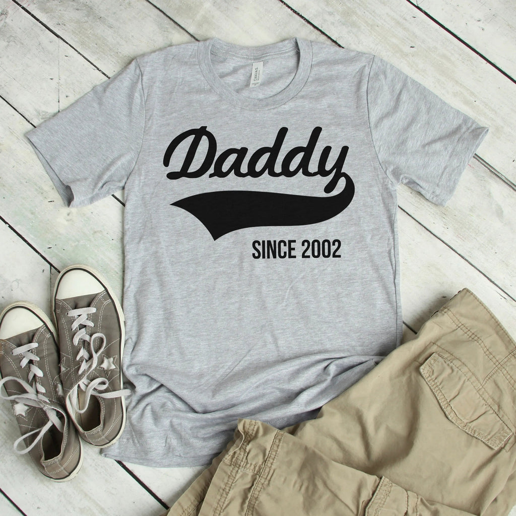 Gray unisex T-shirt with "Daddy" graphic and "SINCE 2002" text