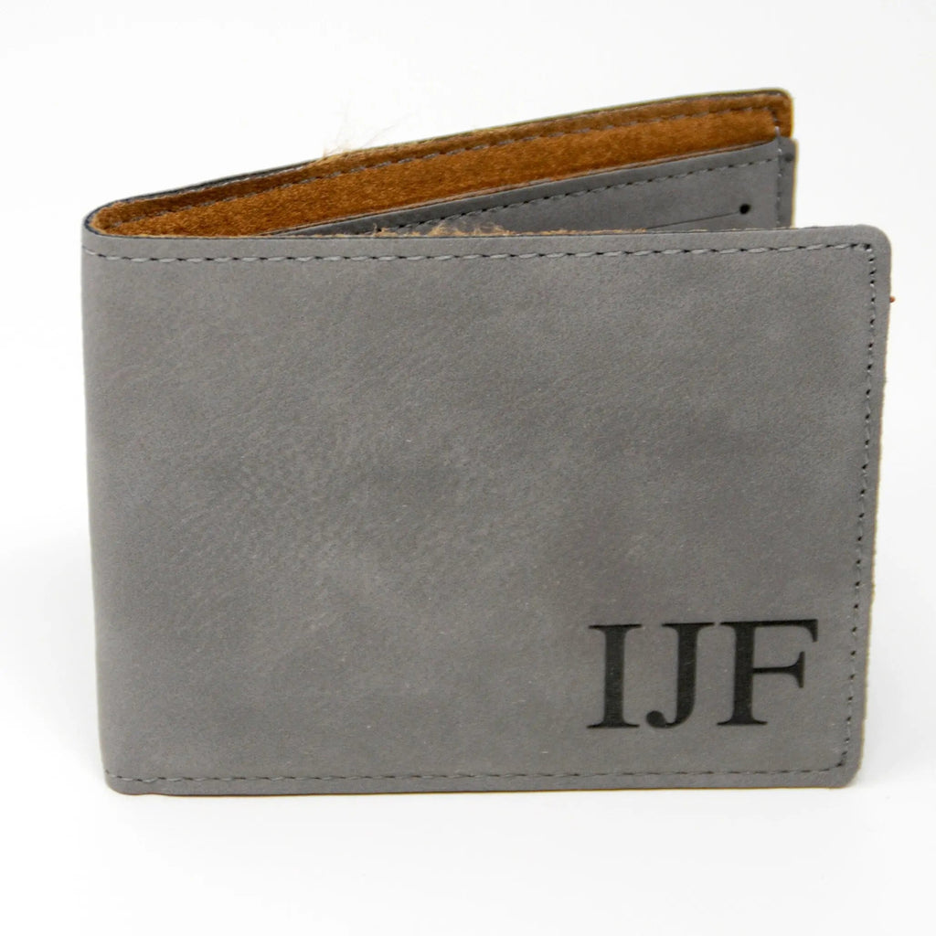 Gray leather wallet with monogram IJF on the front panel