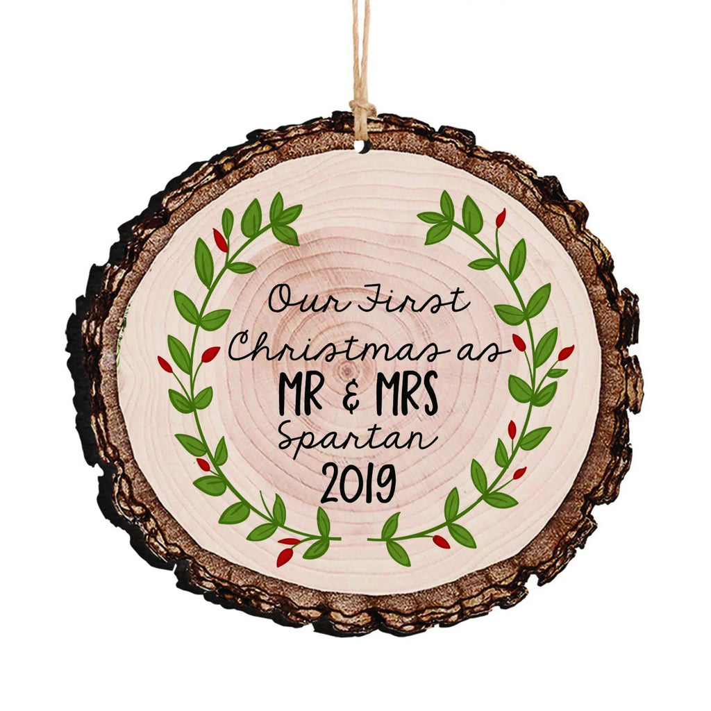 Personalized rustic wood slice Christmas ornament with Our First Christmas MR & MRS 2019