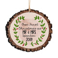 Personalized rustic wood slice Christmas ornament with Our First Christmas MR & MRS 2019