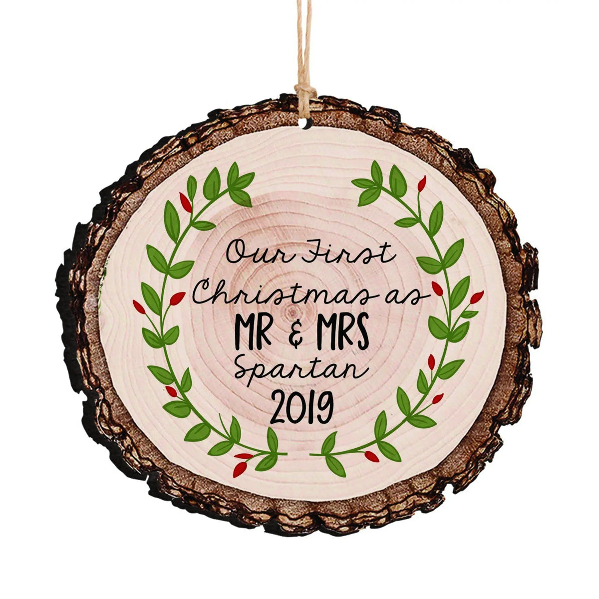 Personalized rustic wood slice Christmas ornament with Our First Christmas MR & MRS 2019