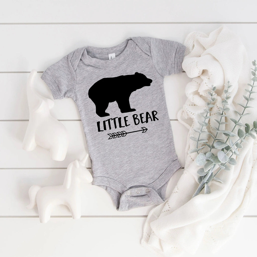 Gray baby bodysuit with black bear graphic and snap button bottom