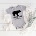 Gray baby bodysuit with black bear graphic and snap button bottom