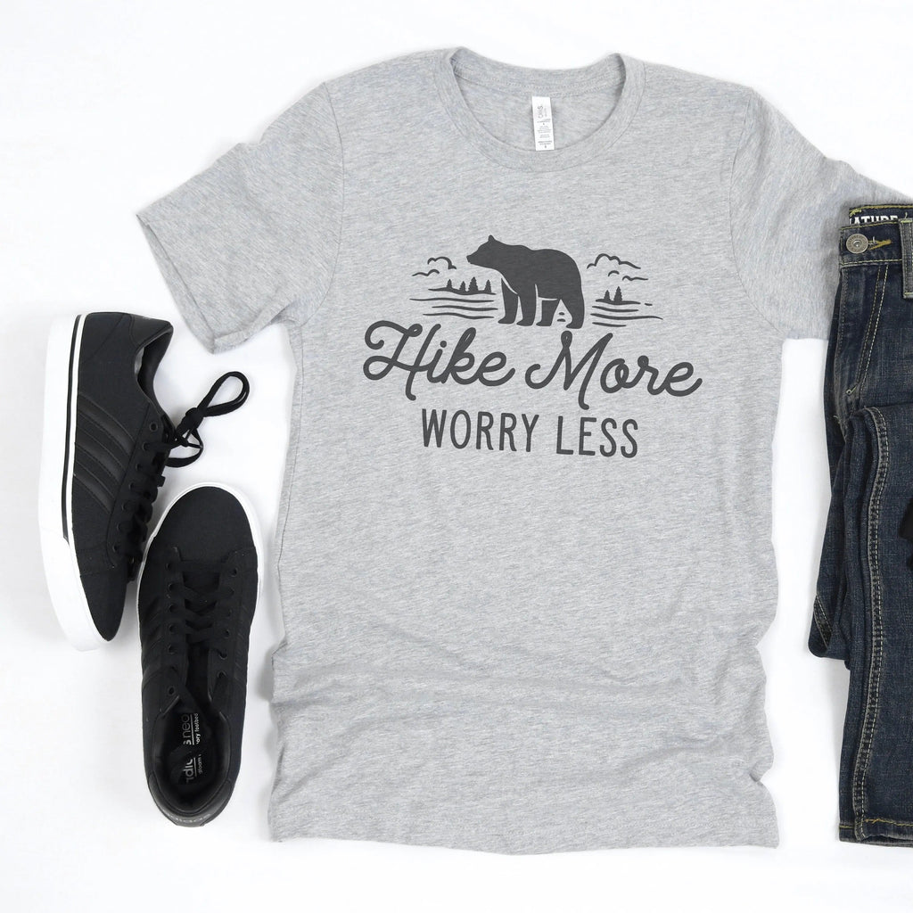 Heather gray unisex t-shirt with bear and “Hike More Worry Less” graphic