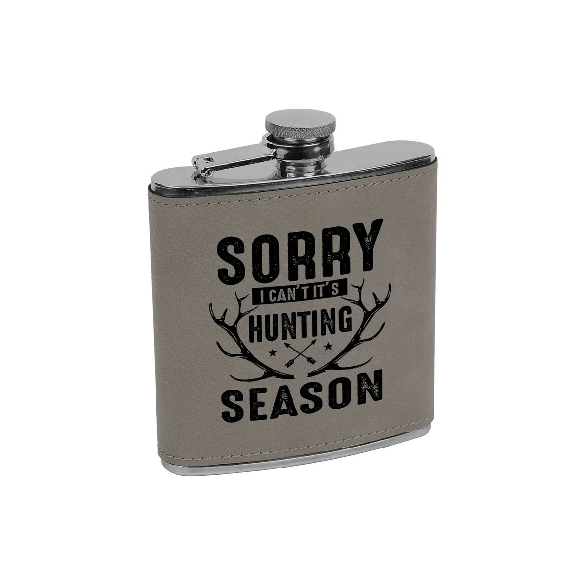 Leather hunting flask with screw cap; "SORRY I CAN'T HUNTING SEASON" antler graphic