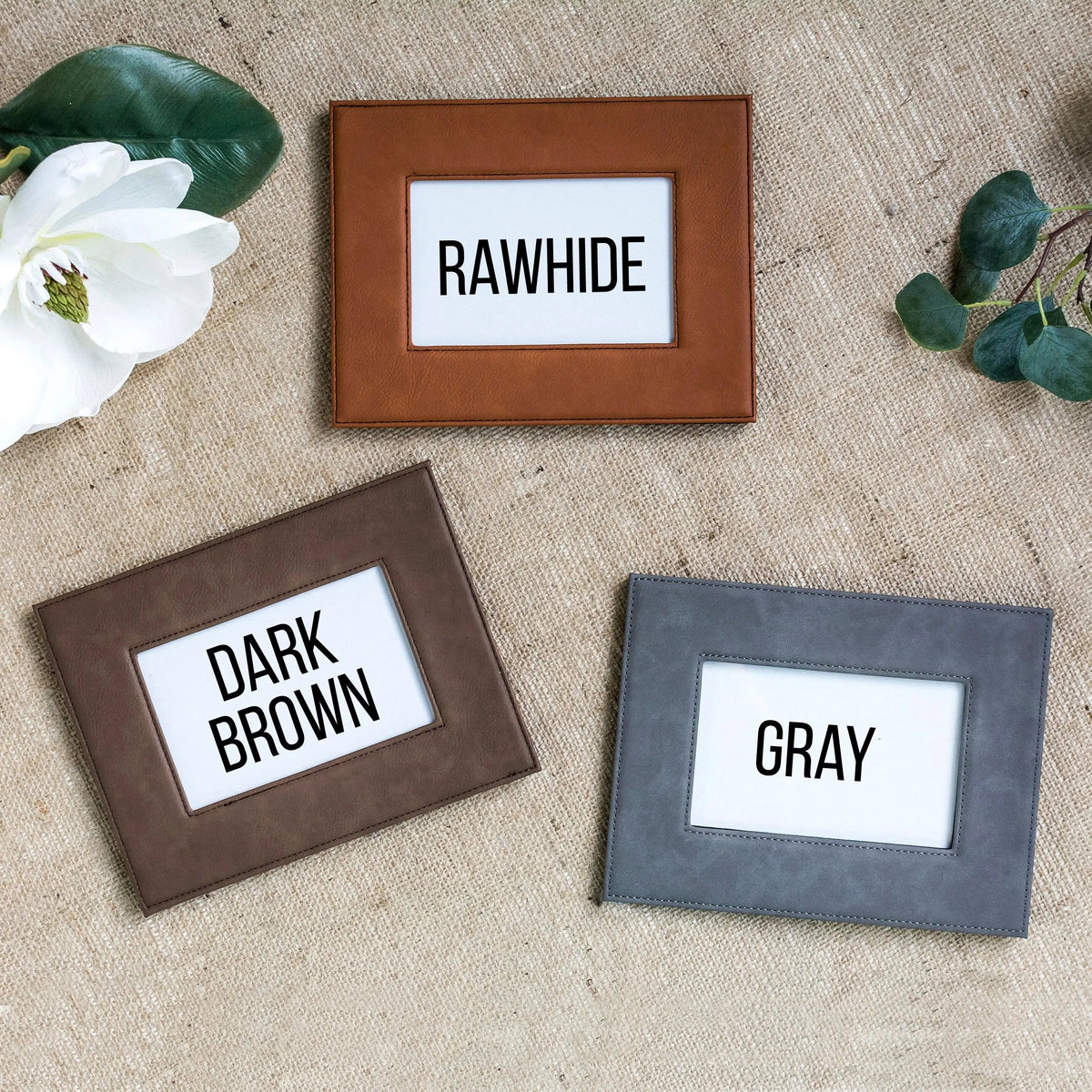 Leather-style picture frame color options: RAWHiDE, DARK BROWN, GRAY
