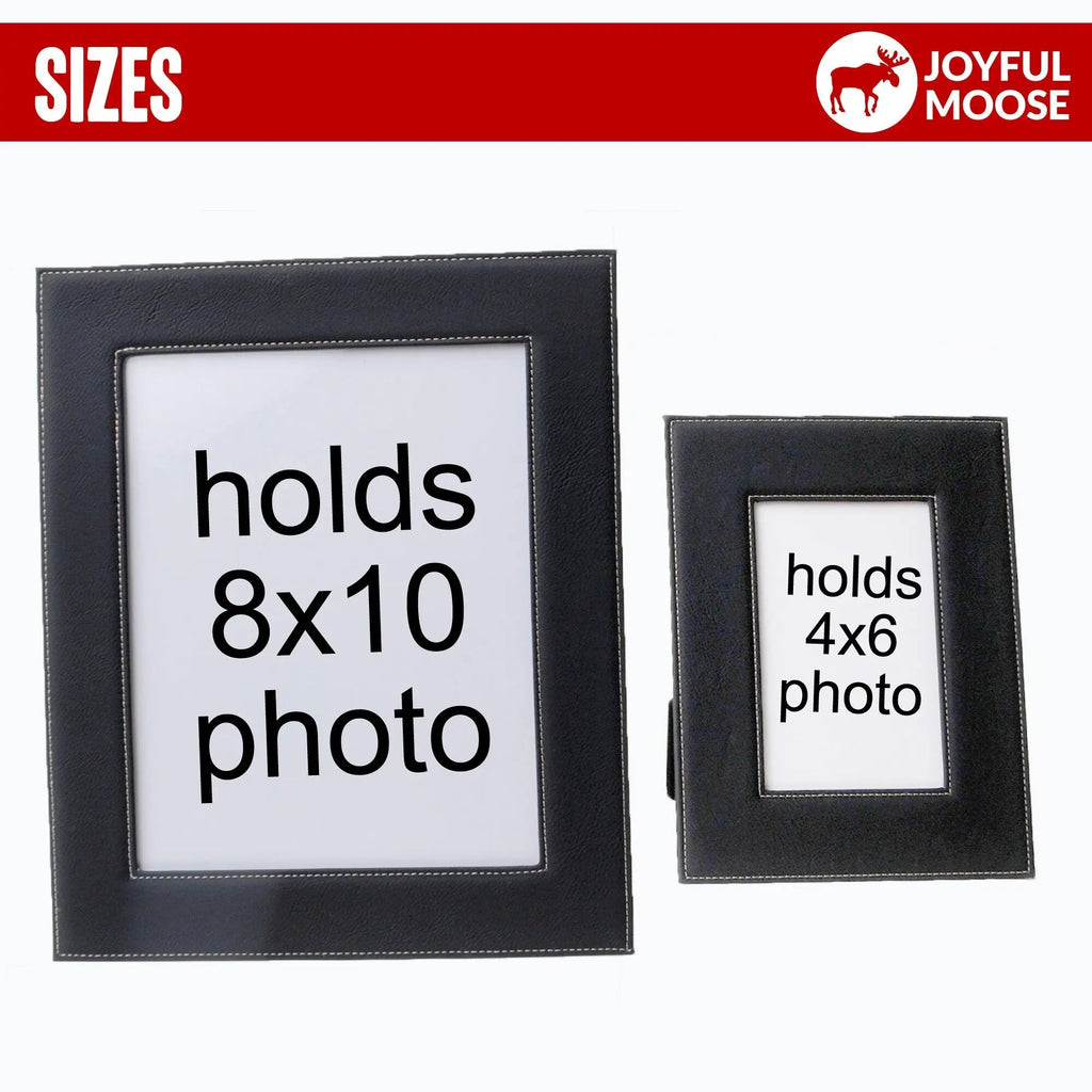 Black picture frames showing sizes: holds 8x10 photo and holds 4x6 photo