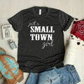 Dark gray women's graphic tee with 'Small Town Girl' front text design