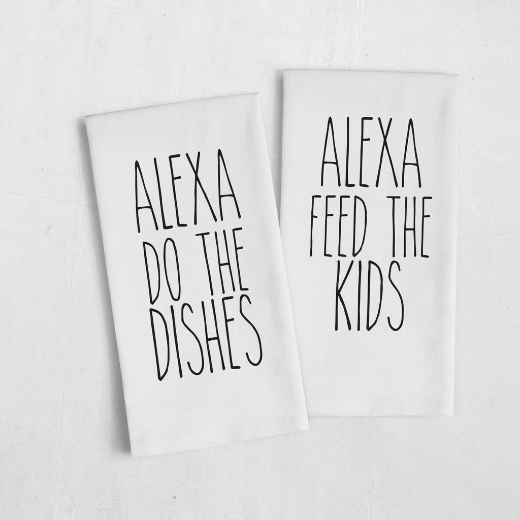 Flour sack kitchen towel set with Alexa text: "Do the dishes" and "Feed the kids"