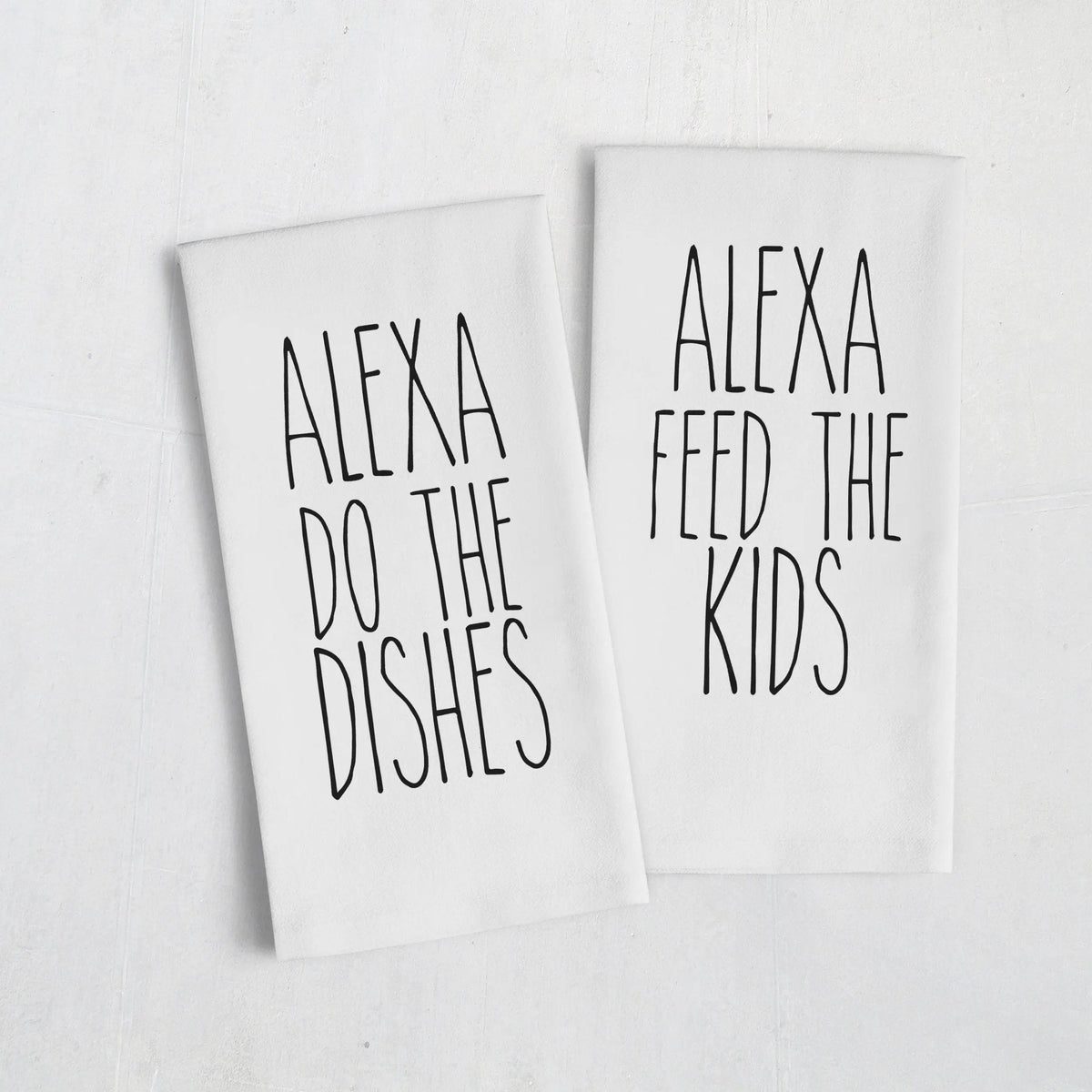 Flour sack kitchen towel set with Alexa text: "Do the dishes" and "Feed the kids"