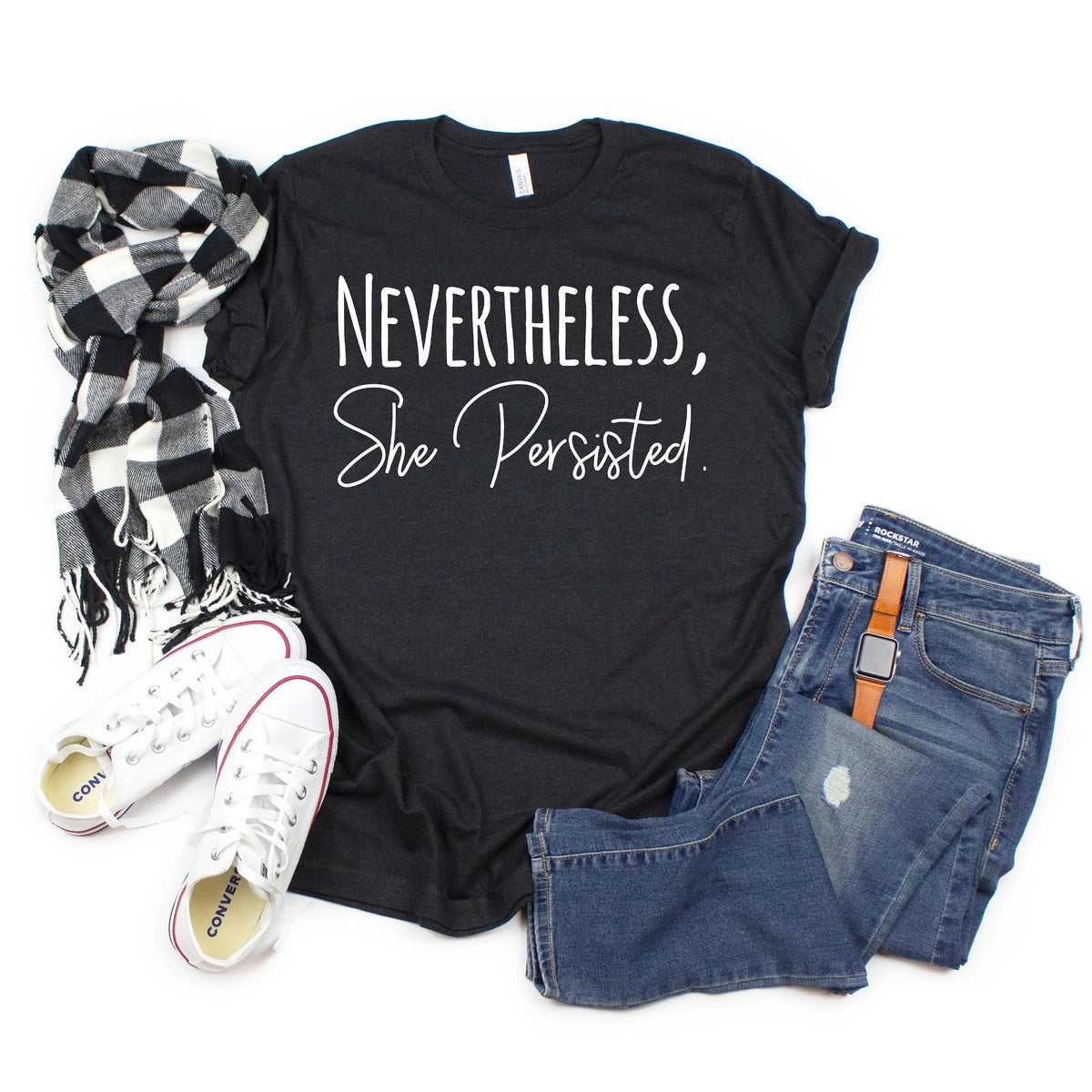 Black women's graphic tee with 'Nevertheless, She Persisted' lettering in white script