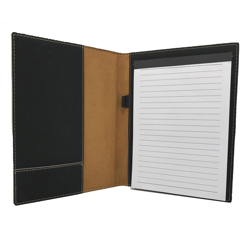 Black leather legal pad holder open, lined paper inside with card pocket