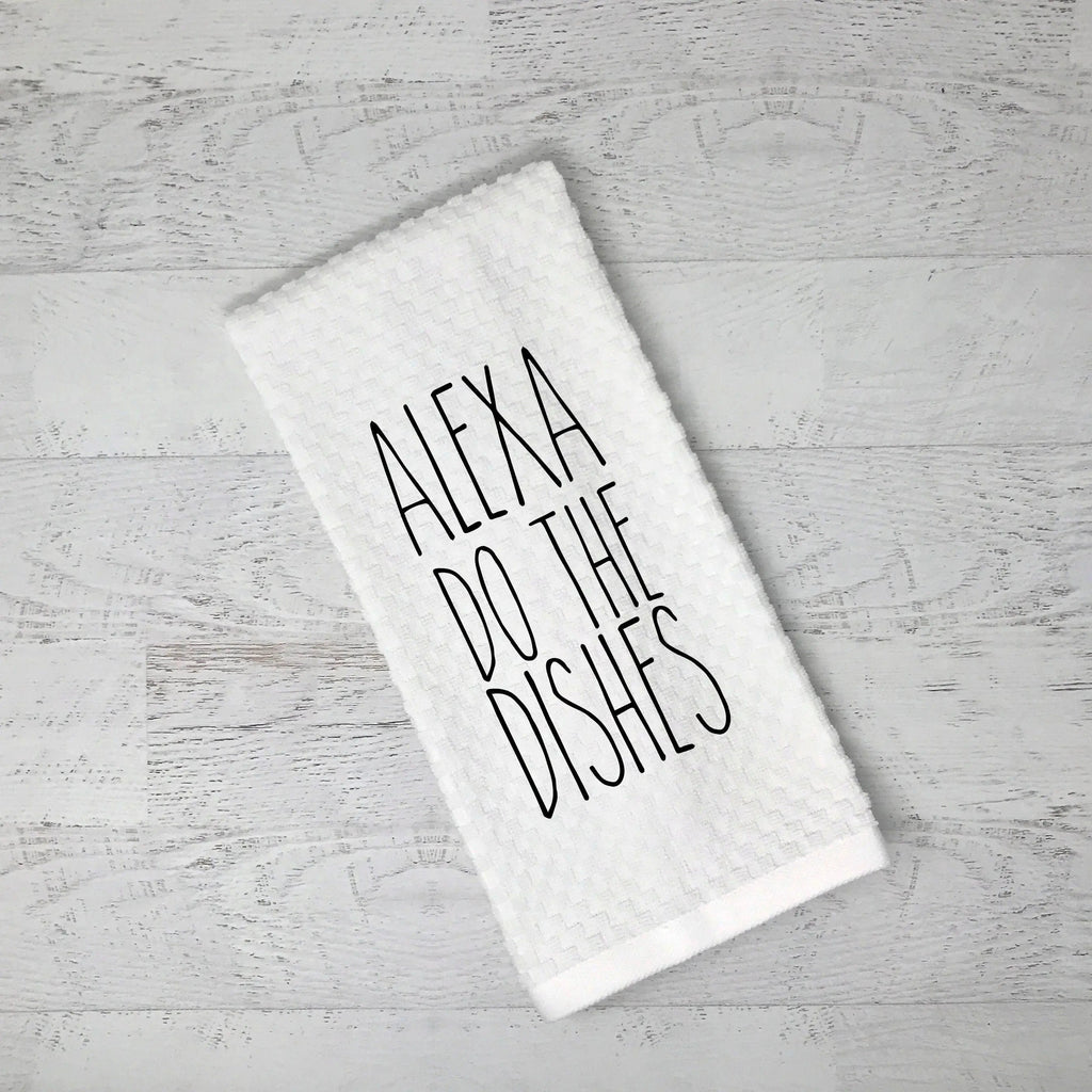 Flour sack kitchen tea towel with Alexa text: "Do the dishes"