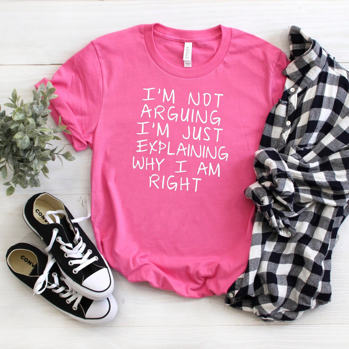 Pink unisex T-shirt with front quote text: “I’m not arguing, I’m just explaining why I am right”