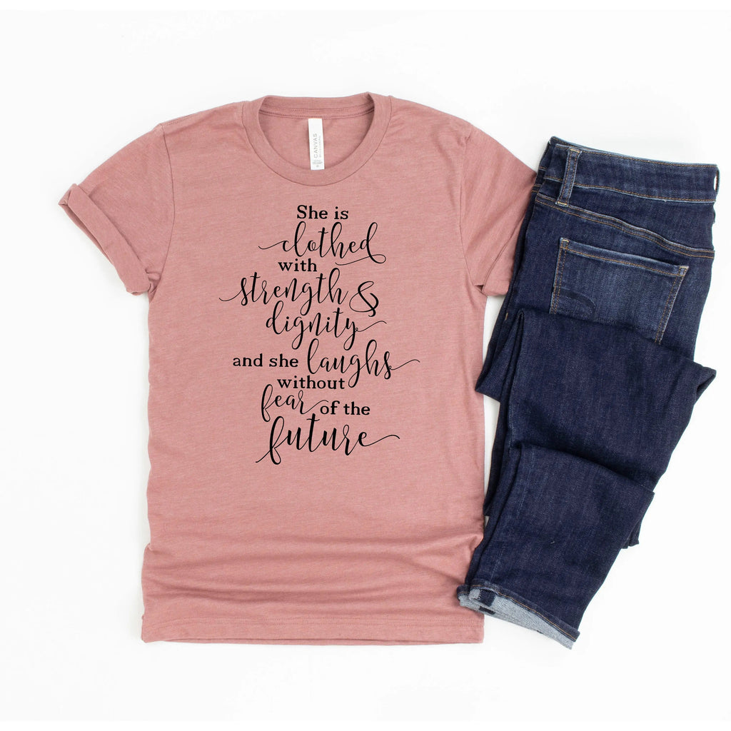 Dusty rose women's graphic T-shirt with faith verse lettering on front.