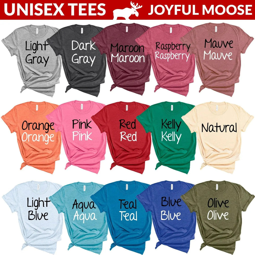 Unisex tee color chart collage showing multiple shirt colors and “Hike More Worry Less” design