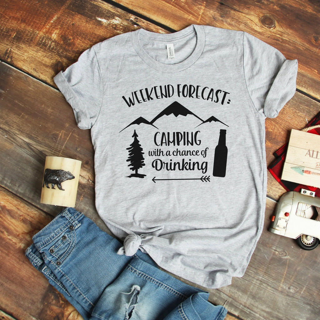 Light gray graphic camping t-shirt with “Weekend Forecast” and “chance of Drinking” design