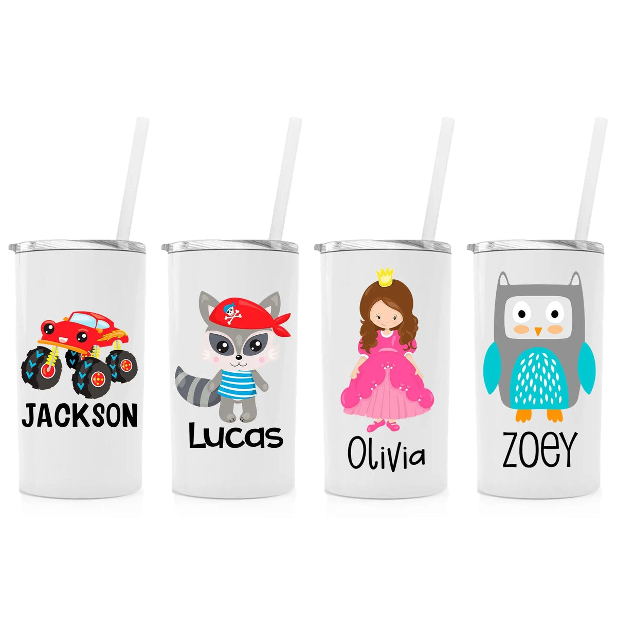 Set of 4 kids stainless steel tumblers with straw lids and personalized name graphics